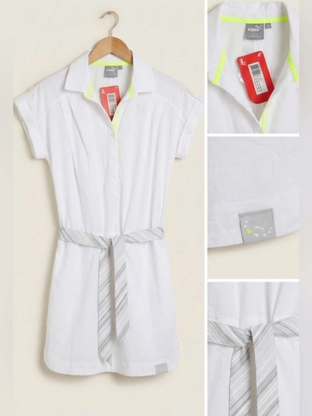 PUMA Sport White Tennis Dress with Neon Yellow Accent - Small NWT